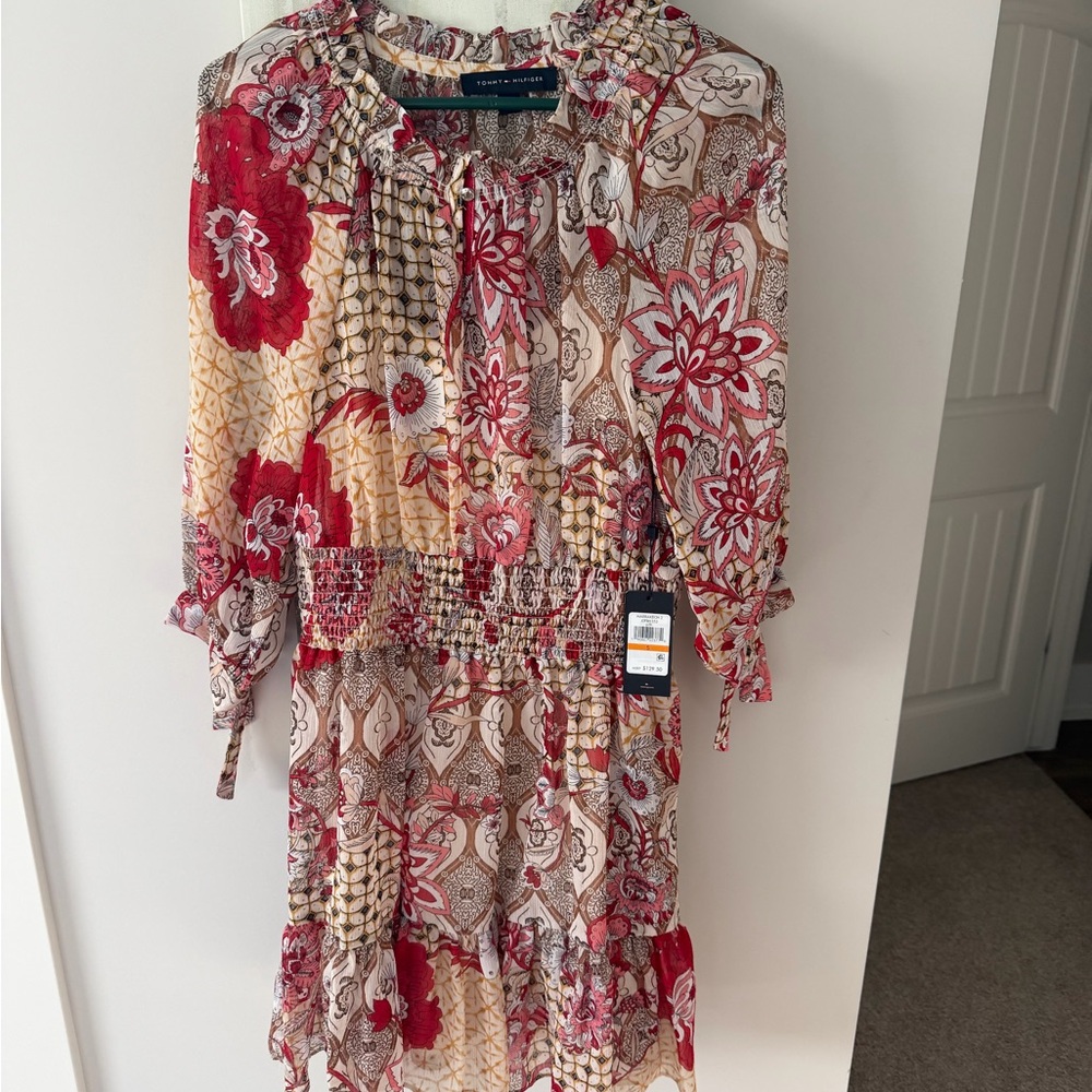 Tommy Hilfiger Red and Cream Patterned Long Sleeve Dress